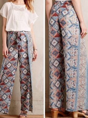 Anthropologie Elevenses Seaflower Palazzo Sheer Pants Resortwear wide leg Flowy
